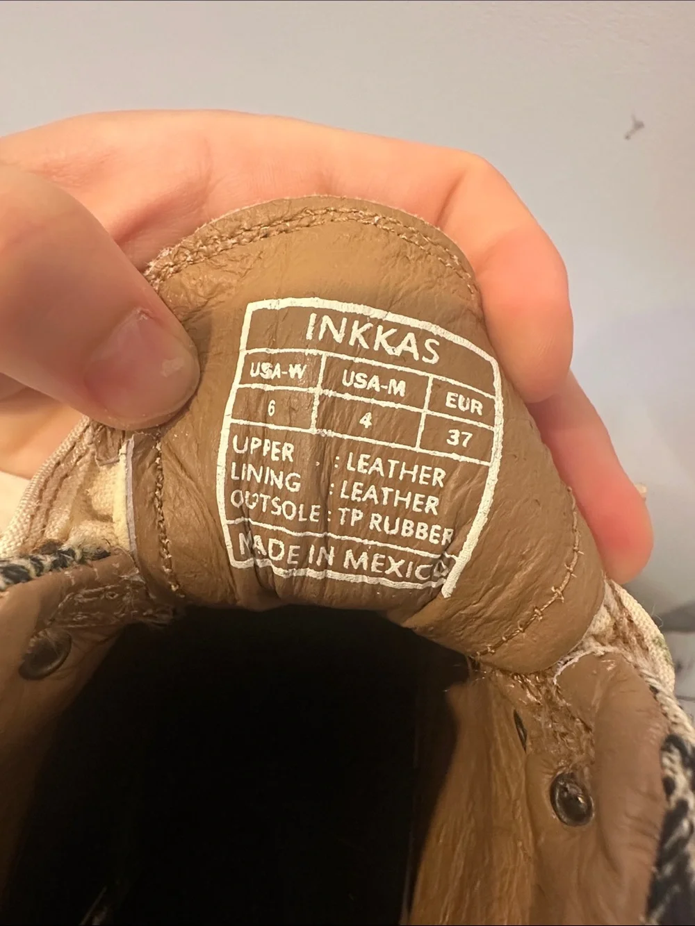 inkkas Brown Leather High-Top Sneaker with Cream & Black Woven Detail size 6W